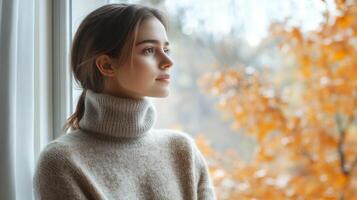 Model in a turtleneck sweater by a large window, cozy texture of the fabric highlighted against the cool autumn trees outside. Autumn clothing photo