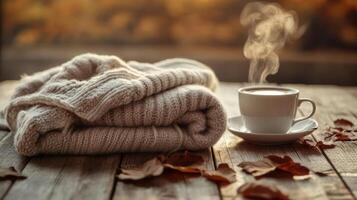 Fleece jacket and coffee on a rustic wooden table, surrounded by autumn leaves, soft warm light highlighting the cozy textures. Autumn clothing photo