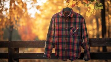 Plaid shirt hanging on a fence, surrounded by golden autumn leaves and a vibrant forest backdrop, creating a cozy, rustic feel. Autumn clothing photo