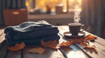 Fleece jacket folded neatly on a wooden table beside a steaming cup of coffee, autumn leaves scattered around, cozy texture highlighted by warm light. Autumn clothing photo