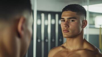 Serious young man looking at his reflection in a large mirror, gym locker room with lockers and bench in the background photo