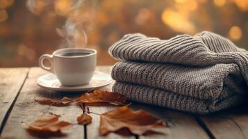 Folded fleece jacket beside a cup of coffee on a wooden table, autumn leaves scattered, soft lighting enhancing the cozy setting. Autumn clothing photo