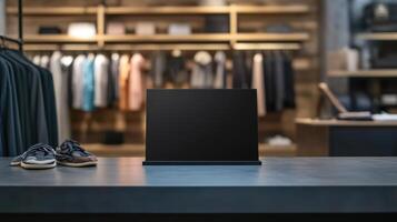 Fashionable boutique with a black sandwich board on the counter, inviting customers to explore sales or new arrivals. Empty sandwich board photo
