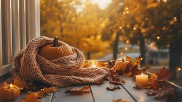 Fall decorations on a porch with a pumpkin wrapped in a knitted scarf, candles, and small gourds, glowing in warm golden light. Autumn clothing photo