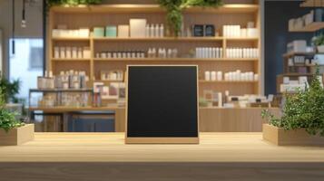 Modern stationery shop with a black sandwich board on the counter, welcoming customers to explore the store. Empty sandwich board photo