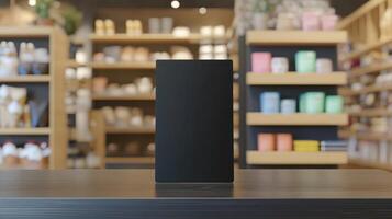 Black blank sandwich board on a table in a stylish pet store, surrounded by pet food, toys, and accessories. Empty sandwich board photo