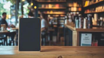 Cafe scene inside a bookstore, with a black sandwich board ready for custom menus or special offers. Empty sandwich board photo
