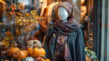 Layered autumn outfit on a mannequin in a boutique window, surrounded by leaves and pumpkins, creating a cozy, textured atmosphere. Autumn clothing photo