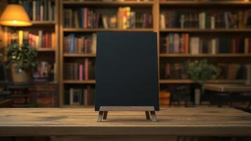Bookstore scene with a black sandwich board, warm lighting, and a reading nook creating a welcoming atmosphere. Empty sandwich board photo