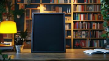 Cozy bookstore setting with a black sandwich board on a desk, perfect for promoting events or new book arrivals. Empty sandwich board photo