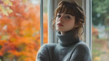 Turtleneck sweater on a model standing by a window, soft cozy texture contrasting with the crisp autumn scene outside. Autumn clothing photo