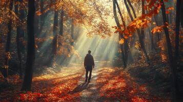 Walking through a forest in a knitted sweater, surrounded by red, orange, and yellow leaves, with soft sunlight filtering through the autumn trees. Autumn clothing photo