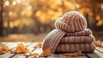 Cozy sweater folded neatly with a scarf and hat on a rustic wooden table, autumn leaves softly blurred in the background, warm lighting enhancing textures. Autumn clothing photo