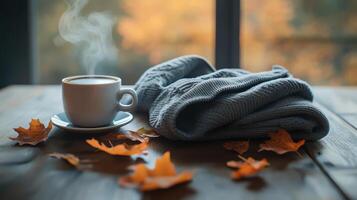 Cozy fleece jacket on a wooden table with a cup of coffee and autumn leaves, warm diffused lighting creating a comfortable atmosphere. Autumn clothing photo