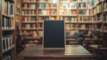 Library corner with a black sandwich board on a table, perfect for promoting events or new arrivals. Empty sandwich board photo