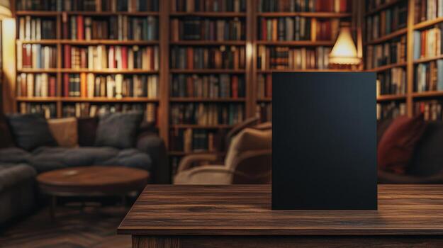 Blank sandwich board ready for a custom message in a library, with shelves of books and cozy decor. Empty sandwich board photo