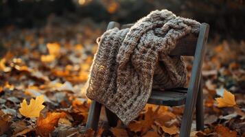 Knitted scarf draped over a rustic wooden chair, surrounded by autumn leaves, warm light highlighting textures in a cozy, natural setting. Autumn clothing photo