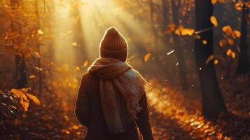 Person in a knitted scarf walking on a forest path lined with orange and yellow leaves, sunlight shining through the trees in a warm autumn scene. Autumn clothing photo