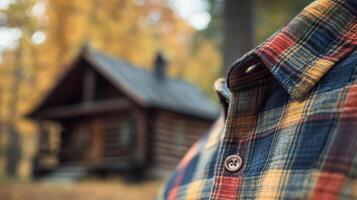 Close-up of plaid shirt collar and buttons with a rustic cabin in the blurred background, rich fabric texture creating a warm nostalgic atmosphere. Autumn clothing photo