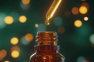 An amber glass bottle stands elegantly, as a golden droplet of oil falls gracefully from the dropper. The warm glow creates a serene and inviting atmosphere, suggesting a moment of tranquility. photo