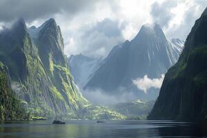 In a tranquil setting, towering mountains embrace calm waters, creating a magical backdrop perfect for a romantic escape photo