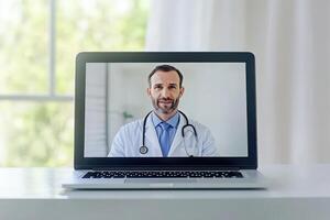 A telehealth station is set up in a bright, inviting room where a healthcare professional connects with patients remotely. Natural light filters through the windows, enhancing the serene atmosphere. photo