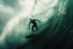 Beneath moody clouds, a solitary surfer skillfully navigates a towering wave, capturing the essence of adventure and style. The oceans power highlights the thrill of the sport. photo