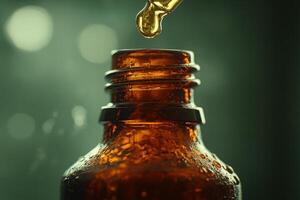 An isolated amber glass bottle stands out, adorned with delicate oil droplets. The soft background enhances the bottles texture, creating a tranquil atmosphere filled with potential. photo
