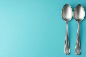 A pair of sleek, metallic spoons sits gracefully on a bright turquoise background, emphasizing the theme of portion control and mindful eating photo