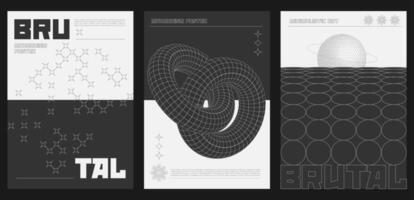 Abstract posters set with brutalism geometric grid shapes on black and white background. Modern brutalist style minimal simple graphic prints. Brutal trendy y2k placard design template. vector