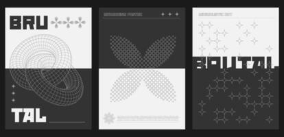 Trendy abstract brutalist poster set with black linear geometric shapes on monochrome background. Modern brutal style minimal prints design with 3d and flat grid graphic elements. y2k print vector