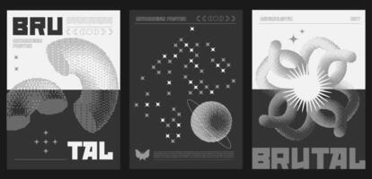 Set of trendy minimalistic posters or covers with 3d bitmap geometric shapes. Monochrome brutalist design, futuristic composition. illustration. vector