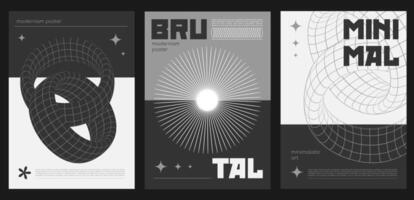 Brutalist Y2K posters set with geometric grid line shapes and tunnels. Futuristic backdrop or minimalistic 90s simple shape banners with abstract minimal elements, 60s line monochrome figures. vector