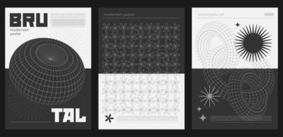 Brutalism minimalistic Posters set with silhouette basic grid figures. Retro futuristic graphic elements of geometrical shapes rave composition. Modern black and white monochrome print artwork vector