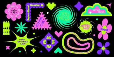 Cool Distorted Abstract Geometric Labels Set. Collection of Sticker Shapes Brutalist Design with futuristic quotes . Neon Cartoon flat collection isolated vector