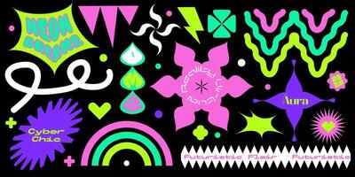 Set of groovy abstract stickers in neon y2k brutalism style. Playful geometric shapes, trendy short inscriptions and quotes. Retro badges in 90s style. Cartoon flat collection isolated vector