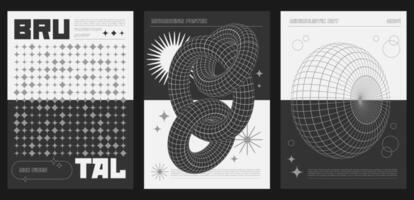Trendy abstract brutalist posters set with black geometric grid shapes on monochrome background. Modern brutalism style minimal prints design with flat and 3d graphic elements. Brutal y2k print vector