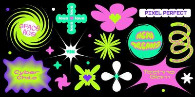 Set of trendy typographic stickers and elements. Neobrutalism graphic shapes for online promotion, social media posts, UI UX design. Modern Y2K elements vector