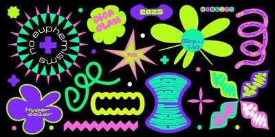 Set of colorful retro cyber chic stickers. Abstract shapes with text. Abstract geometric shapes. Back to 80s and 90s. Crooked Graphic element for website. Childish Cartoon collection isolated vector