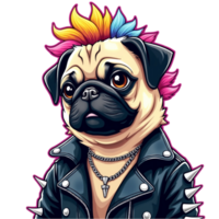A pug with a colorful mohawk and a leather jacket adorned with spikes is the centerpiece png