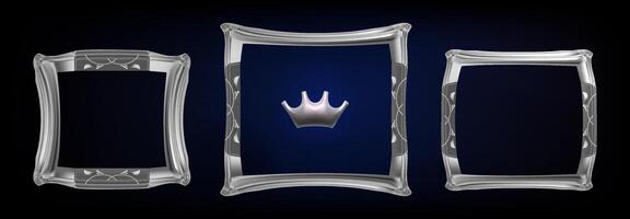 3d silver frame . Collection of vintage silver picture frames. Luxury set frame with 3d crown vector