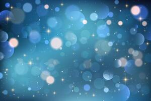 Light blue background with bokeh. Soft blurred sky with sparkles and glitter. Bright bubbles on gradient backdrop. Dreamy winter night wallpaper vector