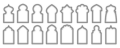 Ramadan frame shapes set. Door and windows arch with Islamic design. Muslin oriental gate. Indian vintage arcs with traditional ornament. Architecture elements and stickers vector
