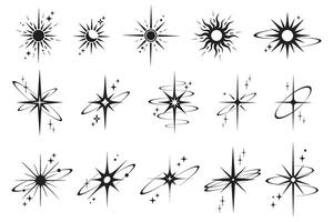 Line icons of stars. Y2k shiny elements. Sparkles and glitter symbols. Retro graphic set of minimal figures. Magic black twinkles sun and moon with cosmic orbits on white background. vector