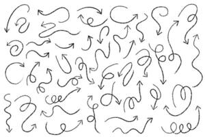 Crayon hand drawn arrows icons. Pencil and brush scribbles sketch. Grunge charcoal textured doodle set. Chalk mark elements isolated on white background. vector