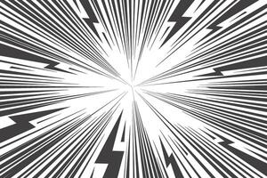 Comic cartoon background with lightning burst effect. Manga graphic with flash and abstract thunder. Energy explosion frame with electric light. Radial perspective monochrome beams vector