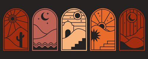 Boho logo with desert mountains and cactus. Bohemian minimal illustration. Abstract windows with nature landscape. Set of arches with oasis hills, river and sunset. Aesthetic glyph elements vector