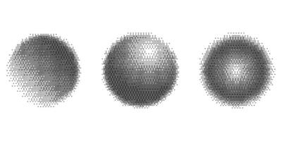 Bitmap pixel arcade game effect. Circles with bit pattern texture. Round y2k halftone elements on white background. Aesthetic globe set with dither gradient. 2000s noisy illustration vector