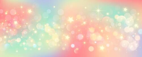 Rainbow unicorn pastel background with glitter stars. Pink fantasy sky. Holographic space with bokeh. Fairy iridescent gradient backdrop. vector