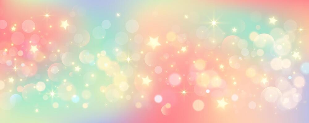 Rainbow unicorn pastel background with glitter stars. Pink fantasy sky. Holographic space with bokeh. Fairy iridescent gradient backdrop.